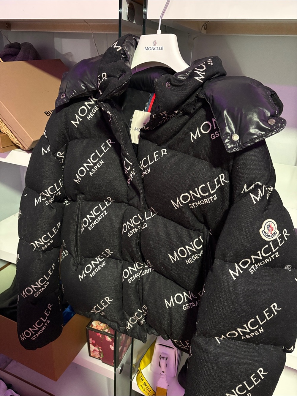 Moncler Black All-Over Logo Quilted Puffer Jacket